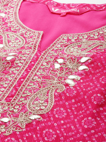 Pink Bandhani Printed Straight Kurta Paired With Bottom And Dupatta